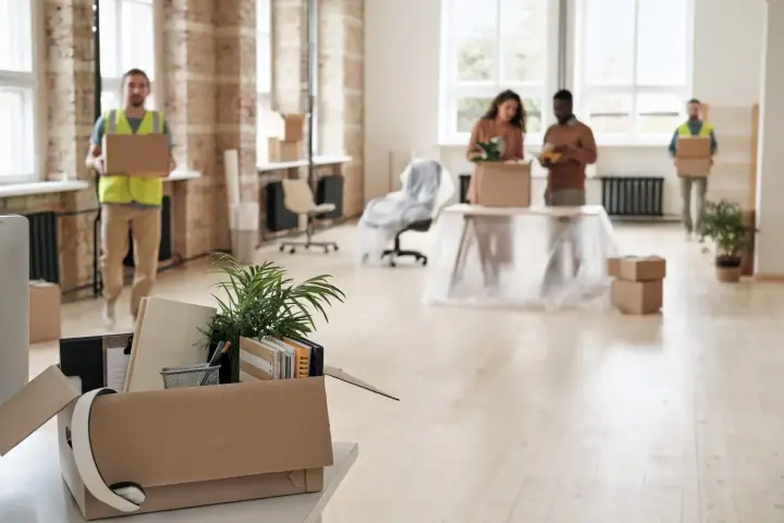 Team packt Umzugskartons in einem hellen Büro beim Firmenumzug in Singen