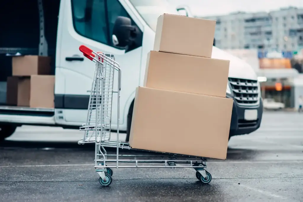Transporter und Rollwagen mit Umzugskartons in der Stadt